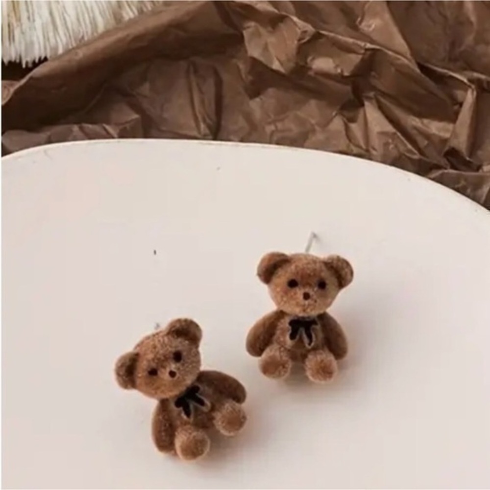 Plush Dark Brown Bear Stud Earrings Cute Animal Earrings